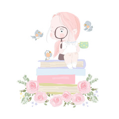 Cartoon Illustration of Girl sitting on Stack of Book and holding a Magnifying Glass