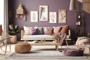 Sunlit Scandi Boho interior. Purple living room home mockup. illustration. Generative AI