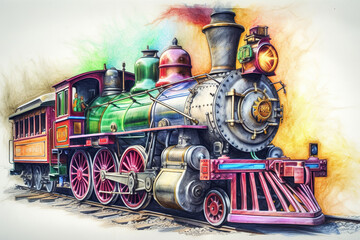 Naklejka premium colorful steam locomotive art, on a white background, Generative AI
