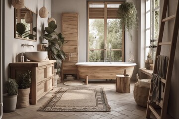Fototapeta premium Boho scandinavian home decor. Beige bathroom with natural wood furnishings. Generative AI