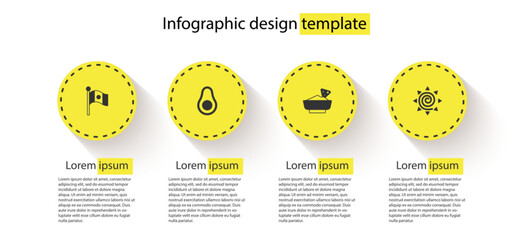 Set Mexico flag, Avocado fruit, Nachos in bowl and Sun. Business infographic template. Vector