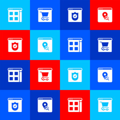 Set Browser files, Online shopping on screen, with shield and Infographic of city map icon. Vector