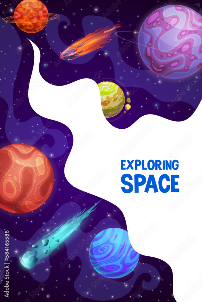 Poster space exploring poster. space planets, asteroids, stars and comets. vector background with extraterr