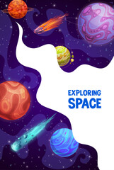 Space exploring poster. Space planets, asteroids, stars and comets. Vector background with extraterrestrial galaxy landscape. Universe exploration, astronomy science, interstellar travel vertical card © Vector Tradition