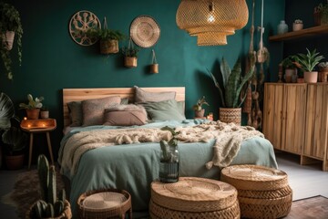 Boho stylish in comfortable ethnic home. Beautiful bedroom with lights above bedside tables, comfy bed, green cactus in basket against blue wall with copy space. Generative AI