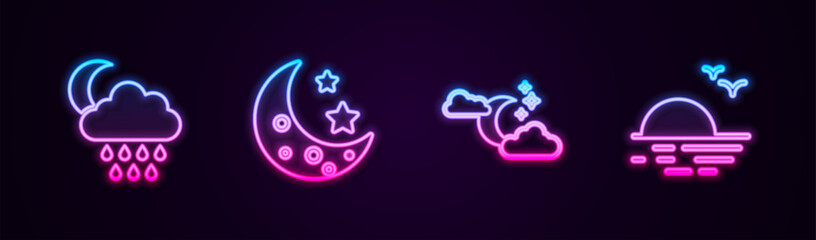 Set line Cloud with rain and moon, Moon stars, and Sunset. Glowing neon icon. Vector - obrazy, fototapety, plakaty