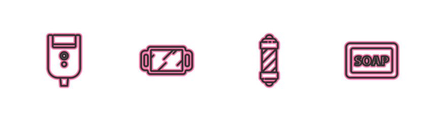 Set line Electric razor blade for men, Classic Barber shop pole, Hand mirror and of soap with foam icon. Vector