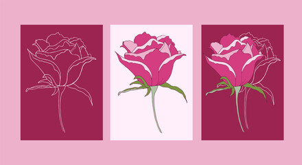 Three postcards with roses. Hand-drawn vector illustration. Set of invitation, wedding or greeting cards.