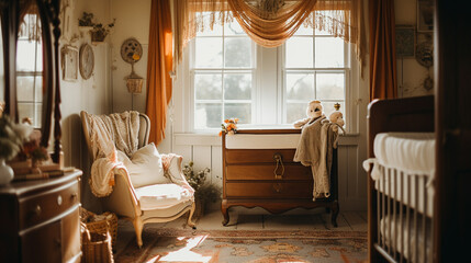 Farmhouse Baby Nursery, Vintage Aesthetic with Natural Lighting and Wood Tones, Beautiful Accessories in Children's Bedroom, Editorial Photography Style - Generative AI
