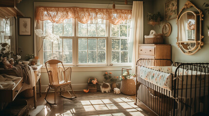 Farmhouse Baby Nursery, Vintage Aesthetic with Natural Lighting and Wood Tones, Beautiful Accessories in Children's Bedroom, Editorial Photography Style - Generative AI