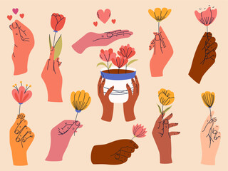 Set of female hands holding bunches of blooming flowers. Good for greeting cards or invitation design, poster.