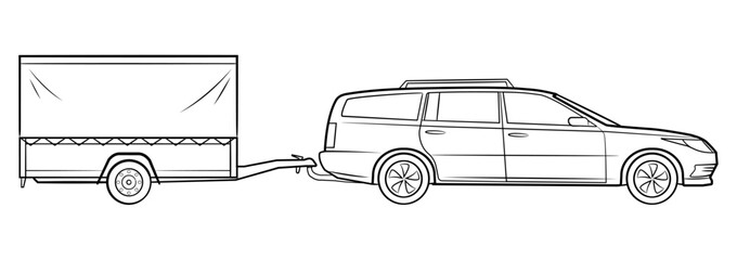 Station wagon car with trailer vector stock illustration.
