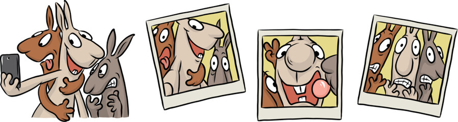 Cartoon illustration einer Gruppe jugendlicher Hasen, die bei einem Selfie vor der Smartphone Kamera alberne Grimassen für Polaroid Fotos machen