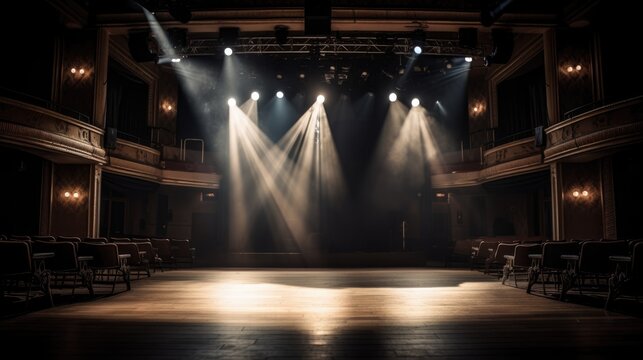 Empty Theatre Stage with Spotlights Illuminating the Darkness. Generative ai illustration