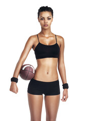 Fototapeta premium Woman body, sports and football for exercise fitness, competition game or challenge. Health portrait, workout ball and training player on an isolated and transparent png background