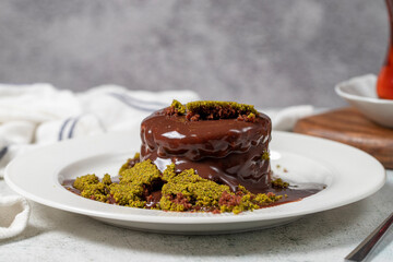 Chocolate cake with liquid chocolate sauce.