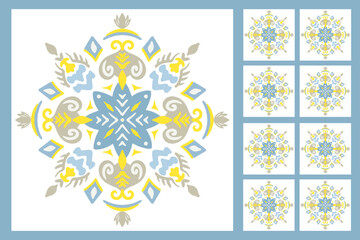 Set of patterned azulejo floor tiles. Abstract geometric background. Vector illustration, seamless mediterranean pattern. Portuguese floor tiles azulejo design. Floor cement talavera tiles collection