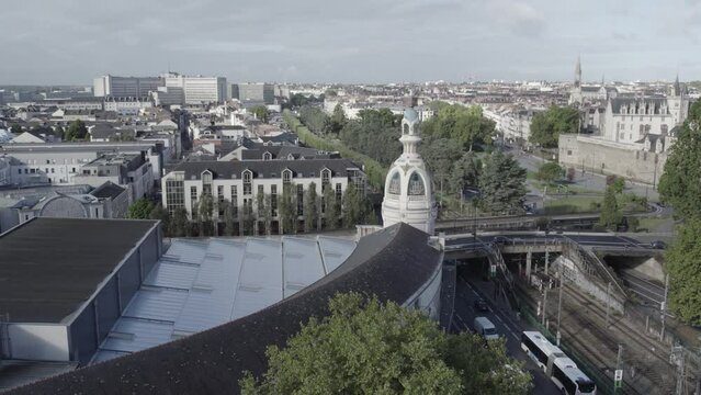 Lu tower and car bridge in Nantes Western France, Aerial approach shot