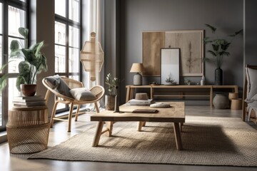 Rattan, contemporary loft, living room,. Generative AI