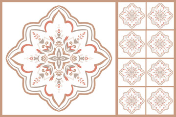 Set of patterned azulejo floor tiles. Abstract geometric background. Vector illustration, seamless mediterranean pattern. Portuguese floor tiles azulejo design. Floor cement talavera tiles collection