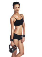 Fototapeta premium Woman body, kettlebell exercise for fitness goals and weight loss or bodybuilding. Health wellness girl, arm workout and portrait of training athlete on an isolated and transparent png background