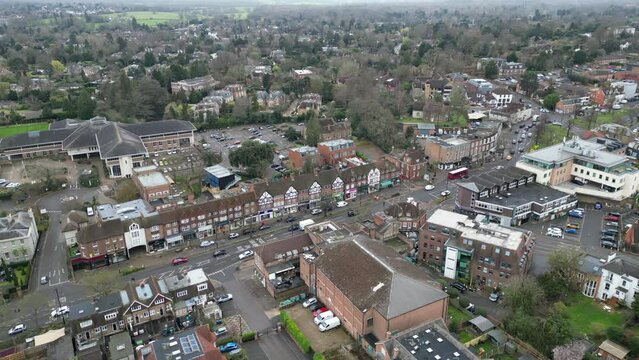 High street Esher town Surrey UK drone aerial view