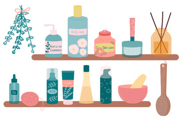 A set of elements for spa and bathroom - a glass bottle with incense sticks, oil, mortar and pestle, body milk, massage brush, plants. Packaging for natural cosmetics - a jar, a bottle, a tube. 