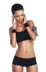 Fototapeta na wymiar Music, fitness and sports with woman and phone for workout body, health and cardio training. Girl listening to earphones for exercise streaming on an isolated and transparent png background