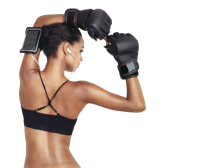 Sports music, boxer and woman ready for exercise fitness body, muscle challenge or competition. Health, boxing workout and back of training girl on an isolated and transparent png background