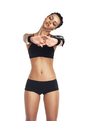 Fototapeta premium Music, fitness and stretching woman and phone for workout body, health and training. Radio or sports and girl listening and streaming on earphones for exercise on isolated, transparent png background