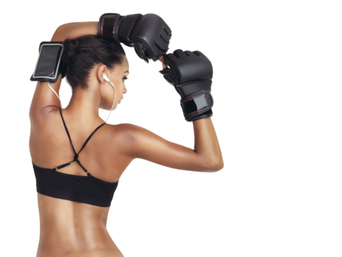 Sports music, boxer and woman ready for exercise fitness body, muscle challenge or competition. Health, boxing workout and back of training girl on an isolated and transparent png background