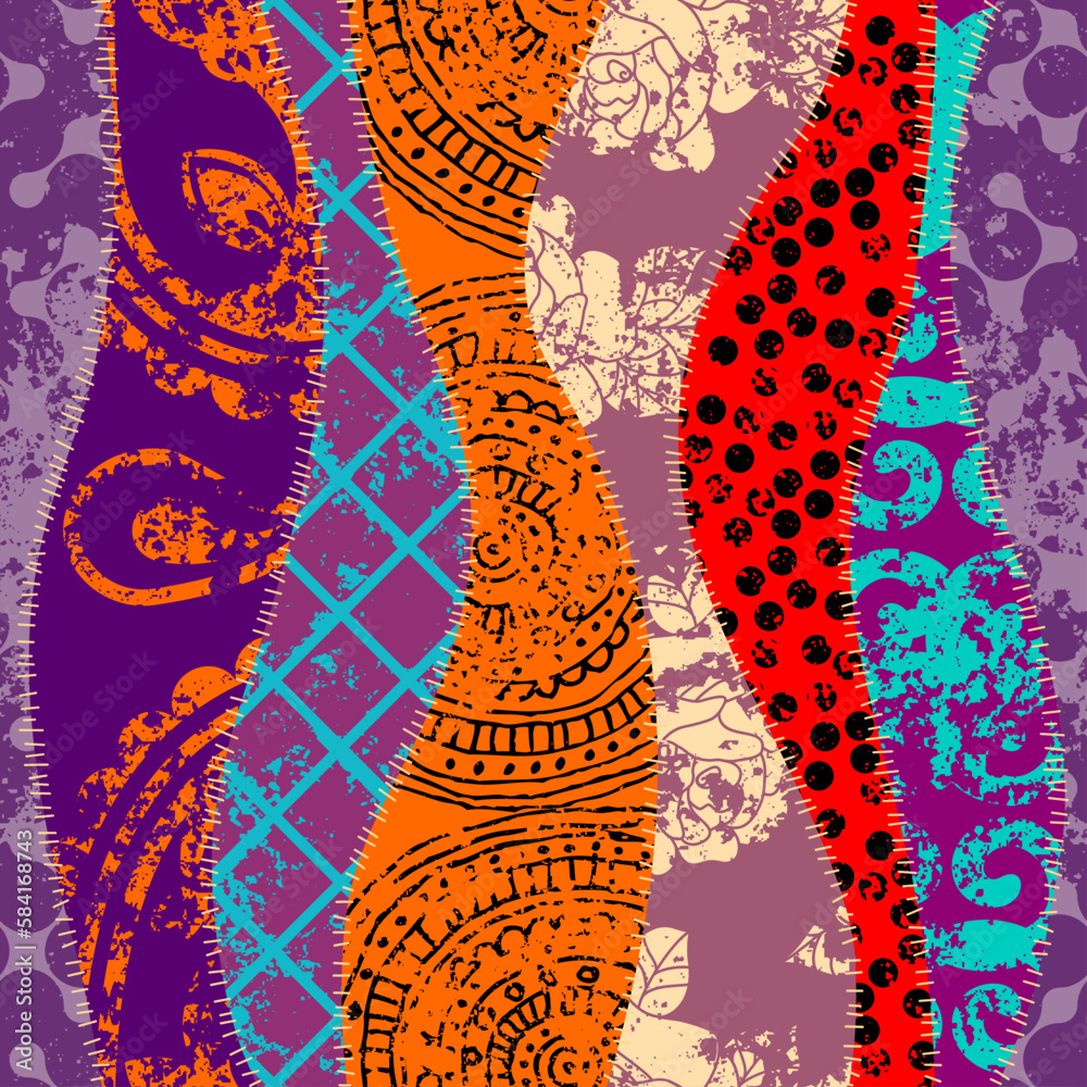 Poster Textille wavy patchwork pattern. Vector image. Grunge bright ornaments.
