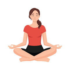 Happy woman with closed eyes sitting in lotus position practicing yoga vector flat illustration. Smiling female with crossed legs meditating on mat isolated on white. Relaxed person enjoying leisure