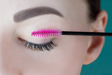 Closed eye with long eyelashes, black eyeliner, perfect skin, eyebrow of unrecognizable young woman holding pink spoolie eyelash brush for straightening. Macro. Beauty procedures, cosmetic brushes.