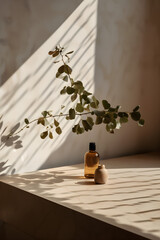 elegant, minimalist image featuring an empty white marble stone counter table top, a sunlit green tree, and the shadow of its leaves cast upon a beige-brown stucco cement wall. 