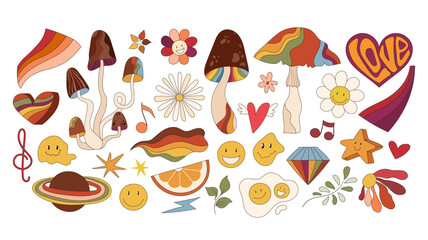 Groovy retro isolated clip art bundle, 70s nostalgia, hippie old fashioned aesthetic, positive optimistic vibes, stylized mushroom, rainbow, flowers big vector kit