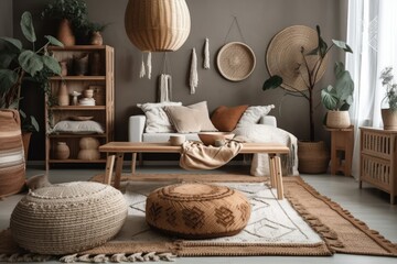 Boho living room with beige couch, coffee table, stool, wicker baskets, and accessories. Brown and white plaid pillows. Cozy flat. Furnishings. Generative AI