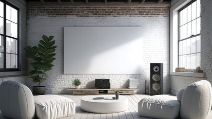 Brick interior loft living room with a projection screen on the wall: empty, blank, nobody, no people, photorealistic, illustration, Generative AI