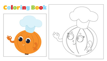 Children's coloring adorable onion in a chef's hat. Coloring page for children aged 4-8 in kindergartens and elementary school. Illustration and black and white outline.