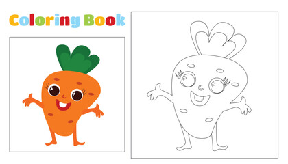 Children's coloring cartoon character design. The vegetable has a face and hands. Coloring page for children aged 4-8 in kindergarten and elementary school.