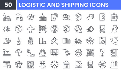 Shipping and Logistic vector line icon set. Contains linear outline icons like Delivery, Cargo, Transportation, Warehouse, Freight, Container, Supply Chain, Fulfillment. Editable use and stroke.