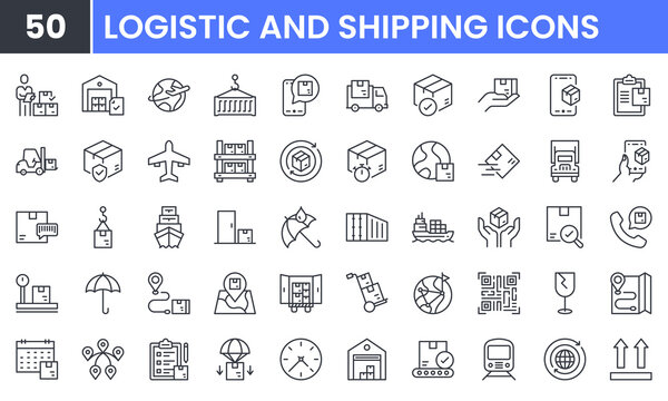Shipping and Logistic vector line icon set. Contains linear outline icons like Delivery, Cargo, Transportation, Warehouse, Freight, Container, Supply Chain, Fulfillment. Editable use and stroke.