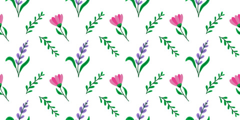 Romantic vector seamless pattern with cute little flowers and branches on white background for textiles, wrapping paper, covers, backgrounds