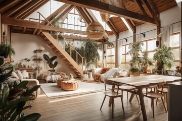 Blurred backdrop, bohemian mezzanine living and dining room with gabled ceiling. Couch and dining table. Decorated potted plants. Bohemian decor,. Generative AI - obrazy, fototapety, plakaty