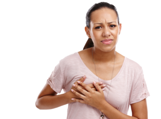 Woman, breast and cancer holding chest in pain, discomfort or ache on an isolated and transparent png background. Portrait of young female touching painful, sore or hurt injury with sad look on face
