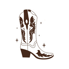 Retro Cowgirl boots with ornament. Cowboy western and wild west theme. Vector isolated white and black design for postcard, t-shirt, sticker etc.