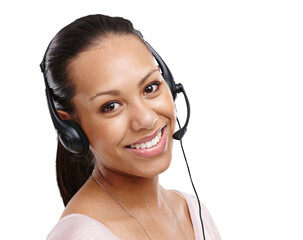 Woman, portrait and call center agent with headset for CRM and customer service on an isolated and...