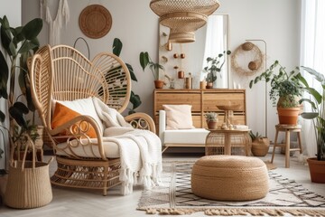 Vertical image of colorful boho chic living room with white knitted plaid on comfort rattan armchair. Wicker chair, potted plants, contemporary apartment décor. Generative AI