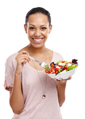 Diet, eating and portrait of woman with salad for health, wellness and lose weight or nutrition...