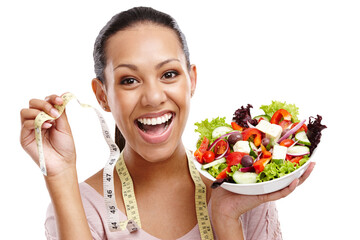 Lose weight, measuring tape and portrait of girl with salad for health, wellness and diet nutrition...